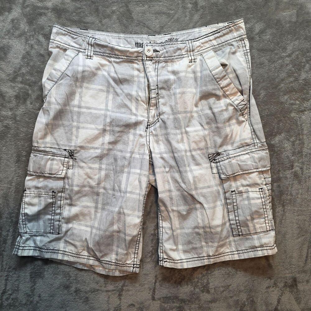 Machine Cargo Shorts Mens 36 Gray Plaid Cotton Canvas Relaxed Fit Cargo Pockets